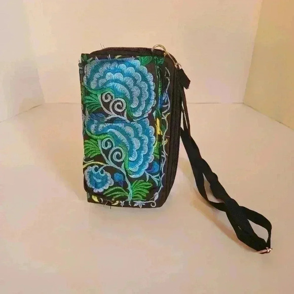Blue & Black Rose Embroidery Tapestry Zip Around Crossbody Wallet Made in Mexico - Picture 1 of 6